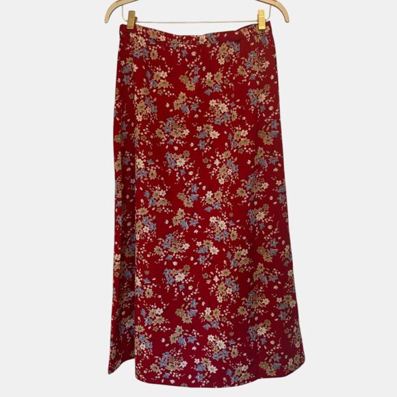 90s Deadstock Floral Red Midi Skirt Button Front High Rise Size 10 - Picture 2 of 6